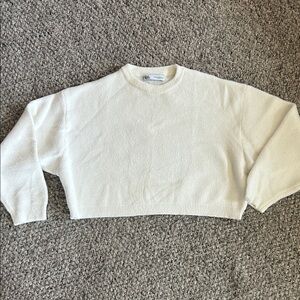 Zara Off-White Cropped Crewneck Sweater